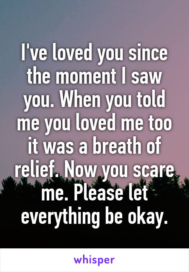 I've loved you since the moment I saw you. When you told me you loved me too it was a breath of relief. Now you scare me. Please let everything be okay.