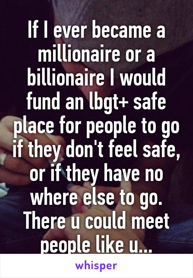 If I ever became a millionaire or a billionaire I would fund an lbgt+ safe place for people to go if they don't feel safe, or if they have no where else to go. There u could meet people like u...