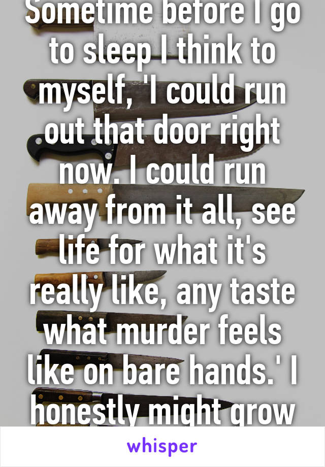 Sometime before I go to sleep I think to myself, 'I could run out that door right now. I could run away from it all, see life for what it's really like, any taste what murder feels like on bare hands.' I honestly might grow enough courage..