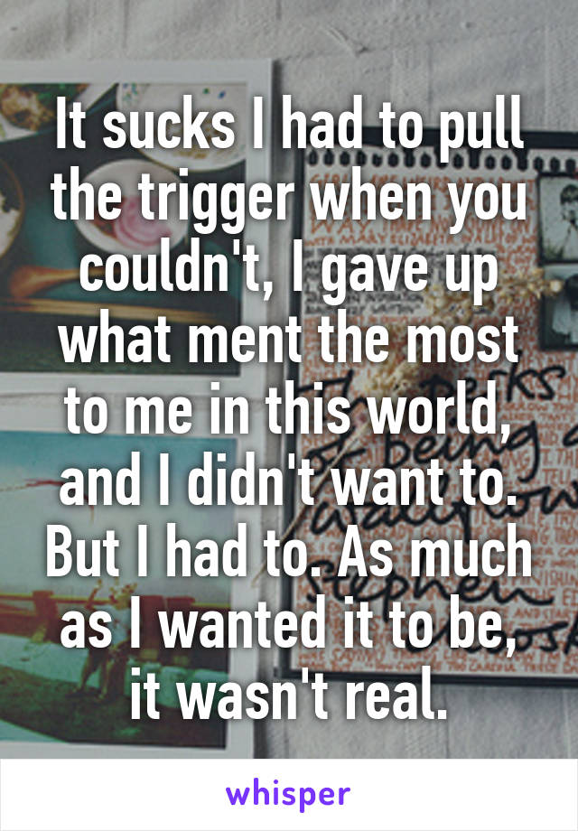 It sucks I had to pull the trigger when you couldn't, I gave up what ment the most to me in this world, and I didn't want to. But I had to. As much as I wanted it to be, it wasn't real.