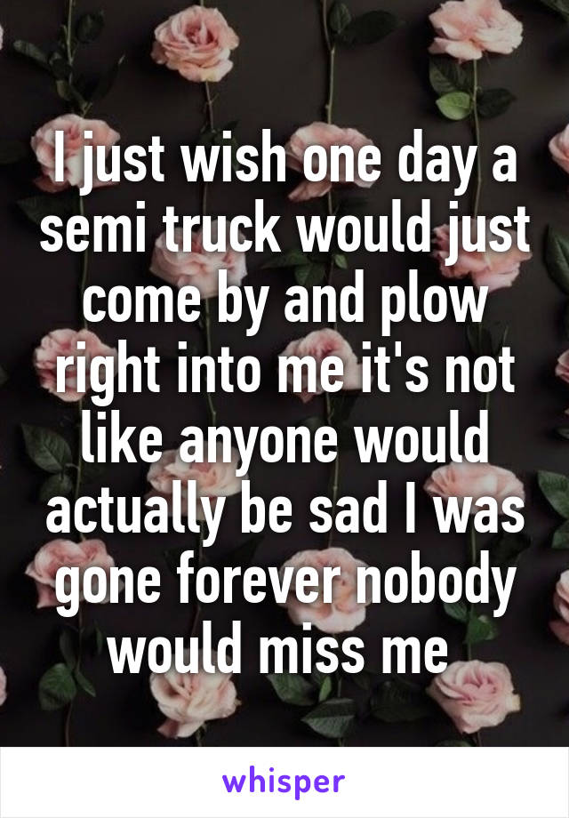 I just wish one day a semi truck would just come by and plow right into me it's not like anyone would actually be sad I was gone forever nobody would miss me 