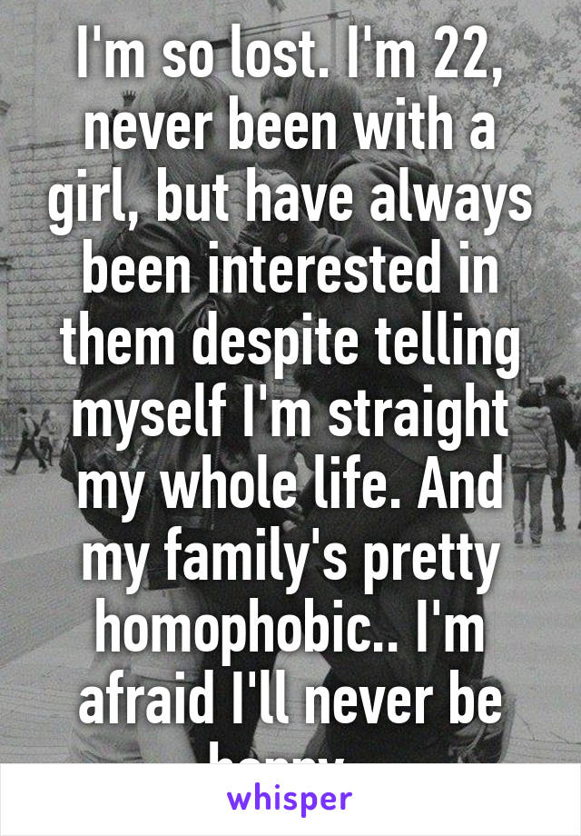 I'm so lost. I'm 22, never been with a girl, but have always been interested in them despite telling myself I'm straight my whole life. And my family's pretty homophobic.. I'm afraid I'll never be happy..