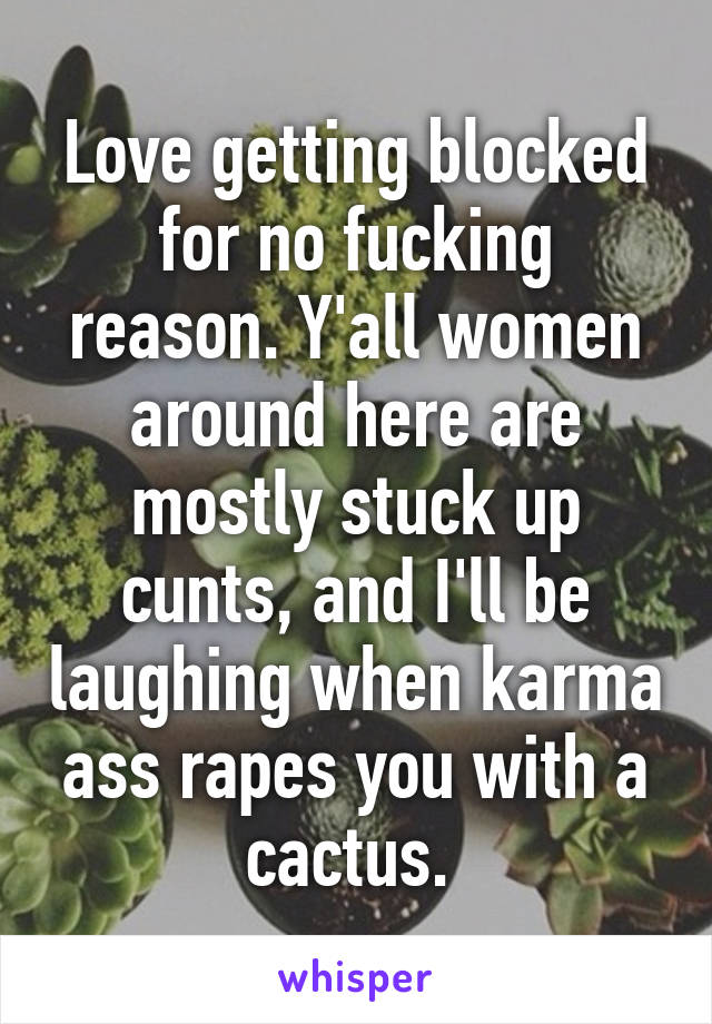 Love getting blocked for no fucking reason. Y'all women around here are mostly stuck up cunts, and I'll be laughing when karma ass rapes you with a cactus. 