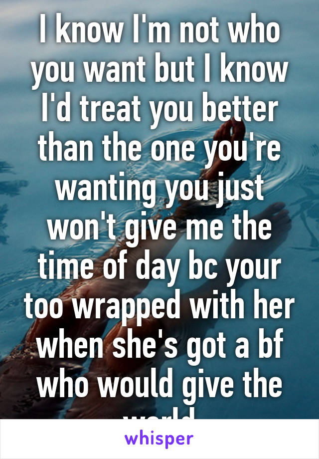 I know I'm not who you want but I know I'd treat you better than the one you're wanting you just won't give me the time of day bc your too wrapped with her when she's got a bf who would give the world