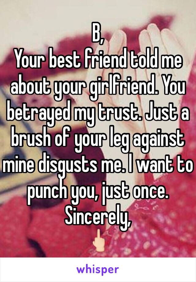 B,
Your best friend told me about your girlfriend. You betrayed my trust. Just a brush of your leg against mine disgusts me. I want to punch you, just once.
Sincerely,
🖕🏻