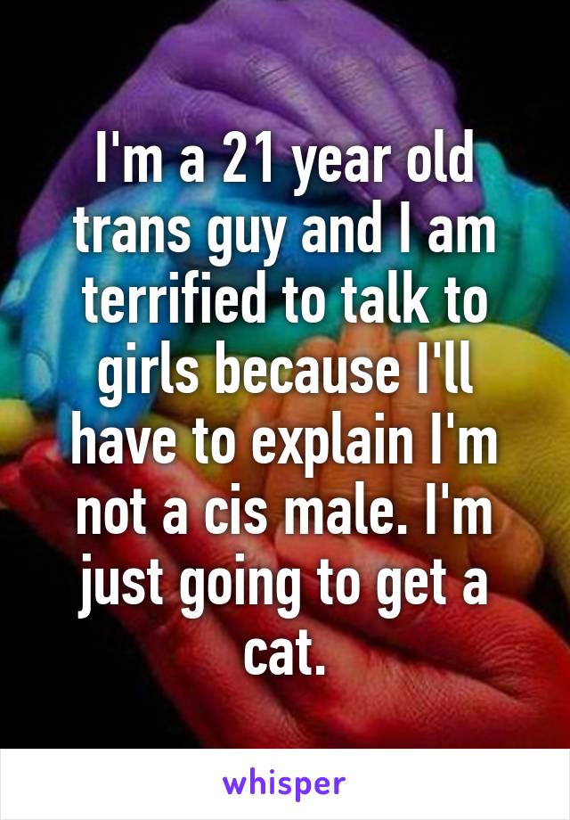 I'm a 21 year old trans guy and I am terrified to talk to girls because I'll have to explain I'm not a cis male. I'm just going to get a cat.