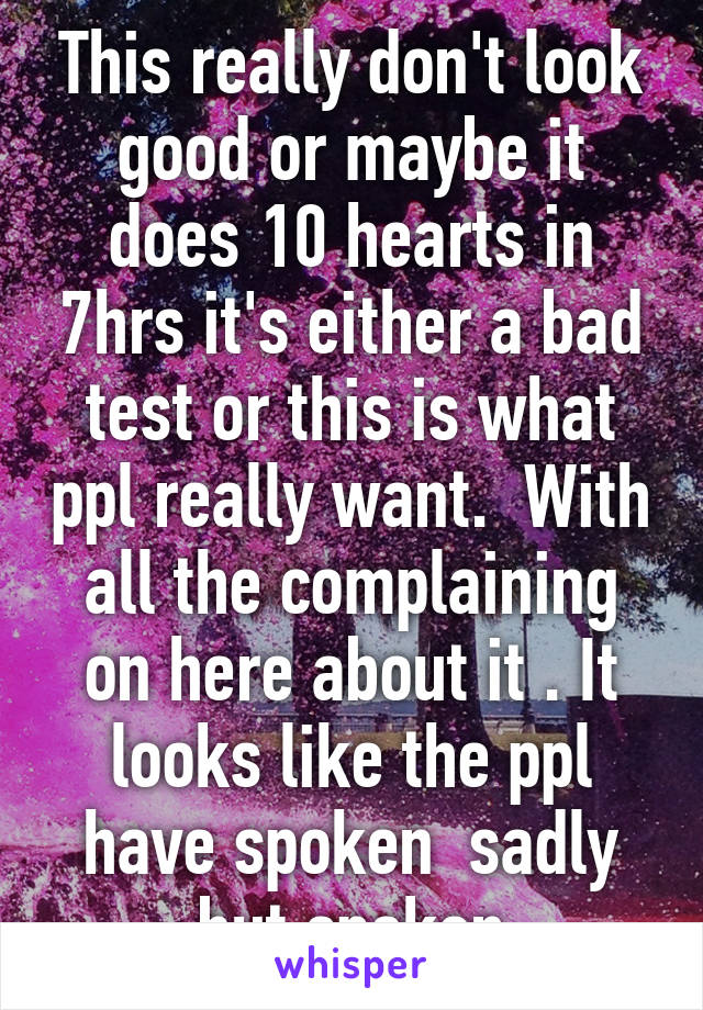 This really don't look good or maybe it does 10 hearts in 7hrs it's either a bad test or this is what ppl really want.  With all the complaining on here about it . It looks like the ppl have spoken  sadly but spoken