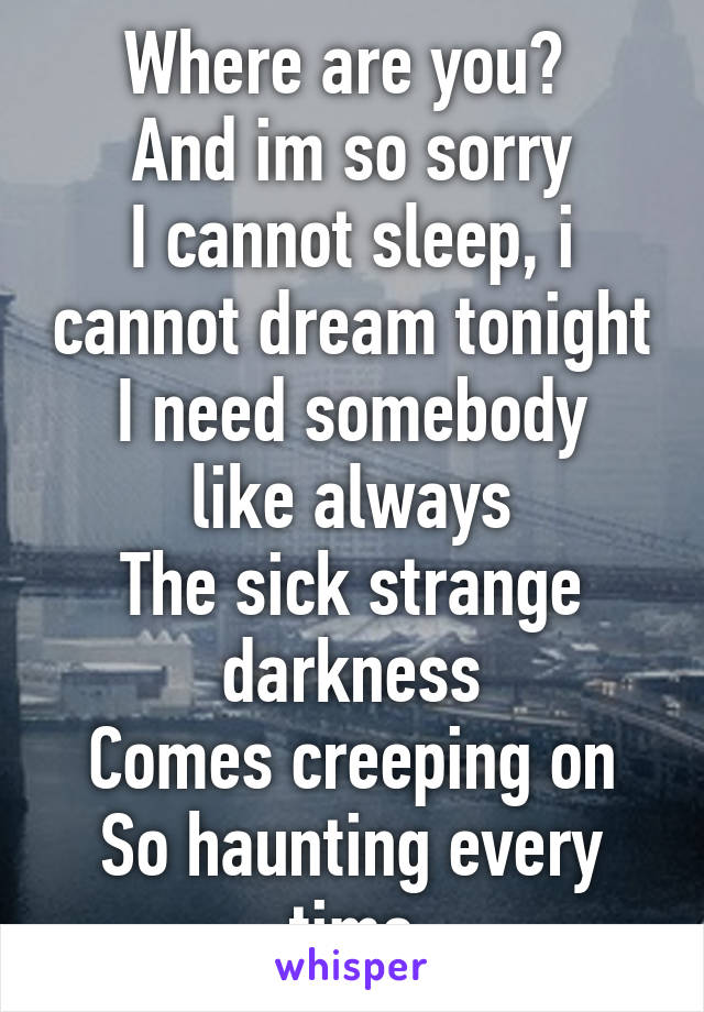 Where are you? 
And im so sorry
I cannot sleep, i cannot dream tonight
I need somebody like always
The sick strange darkness
Comes creeping on
So haunting every time