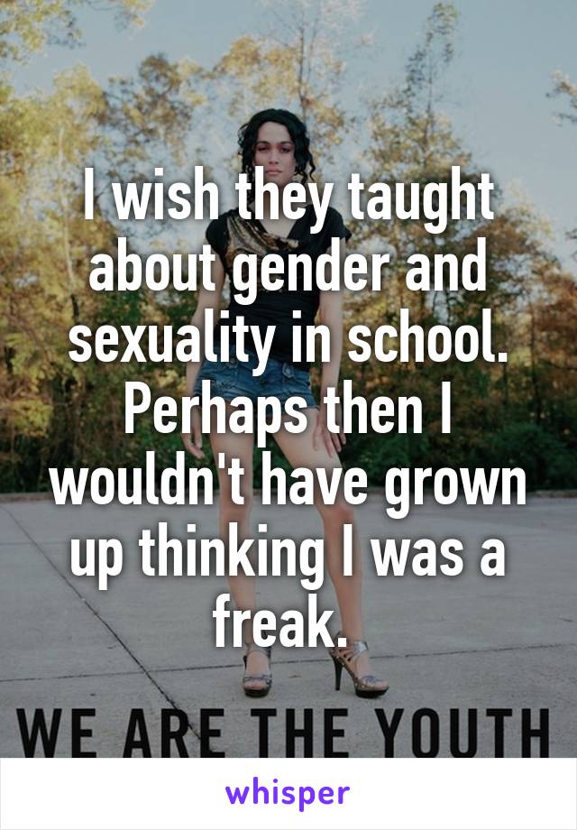 I wish they taught about gender and sexuality in school.
Perhaps then I wouldn't have grown up thinking I was a freak. 