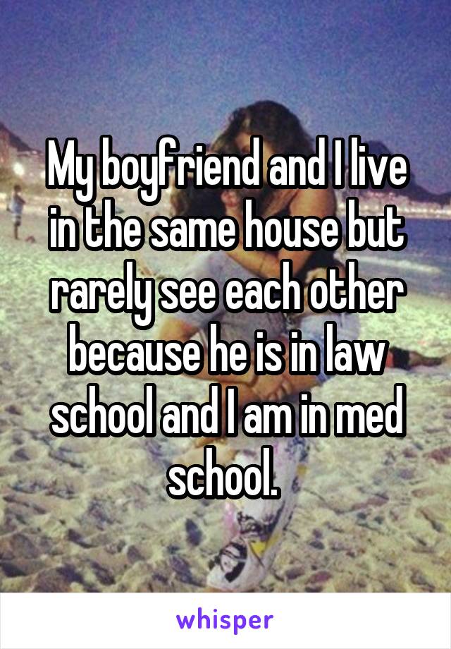 My boyfriend and I live in the same house but rarely see each other because he is in law school and I am in med school. 