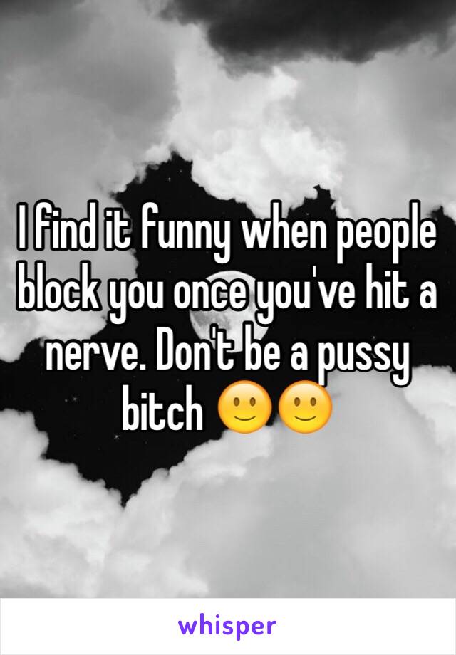 I find it funny when people block you once you've hit a nerve. Don't be a pussy bitch 🙂🙂