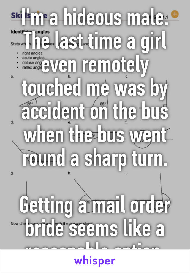 I'm a hideous male.
The last time a girl even remotely touched me was by accident on the bus when the bus went round a sharp turn.

Getting a mail order bride seems like a reasonable option.