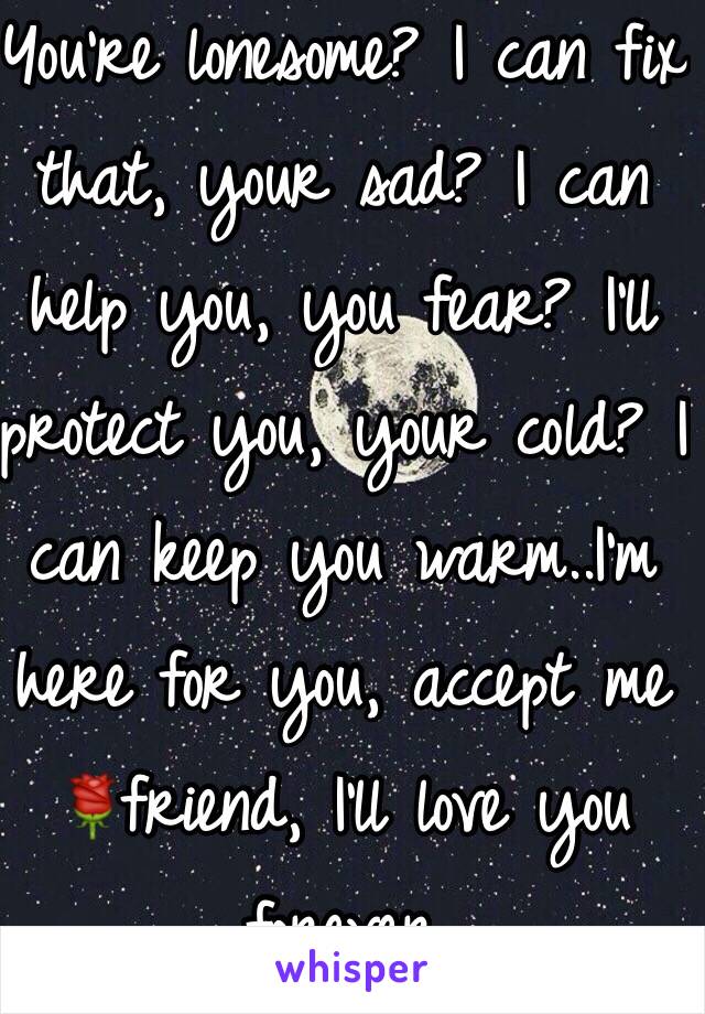 You're lonesome? I can fix that, your sad? I can help you, you fear? I'll protect you, your cold? I can keep you warm..I'm here for you, accept me 🌹friend, I'll love you forever 