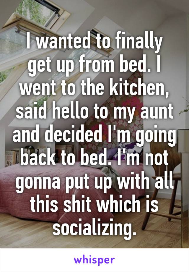 I wanted to finally get up from bed. I went to the kitchen, said hello to my aunt and decided I'm going back to bed. I'm not gonna put up with all this shit which is socializing.