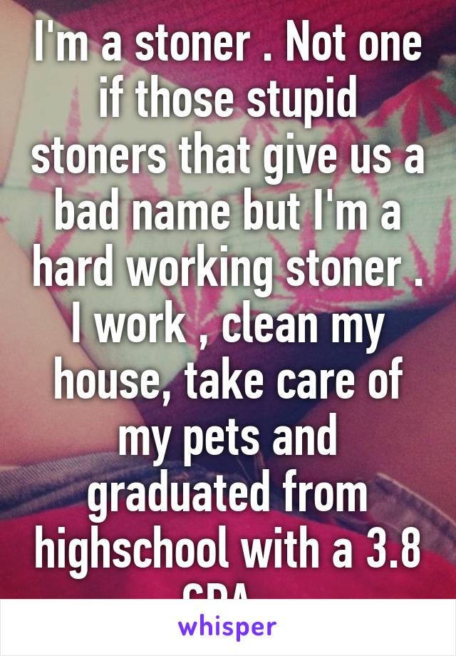 I'm a stoner . Not one if those stupid stoners that give us a bad name but I'm a hard working stoner . I work , clean my house, take care of my pets and graduated from highschool with a 3.8 GPA. 