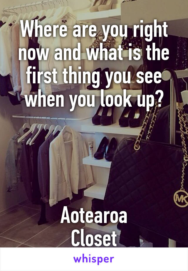 Where are you right now and what is the first thing you see when you look up?




Aotearoa
Closet