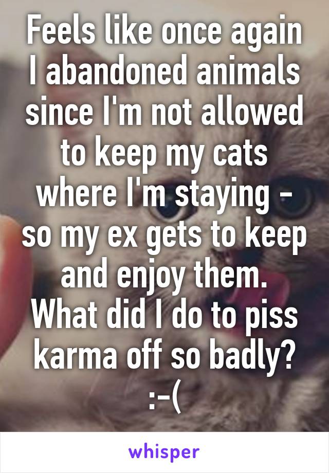 Feels like once again I abandoned animals since I'm not allowed to keep my cats where I'm staying - so my ex gets to keep and enjoy them.
What did I do to piss karma off so badly? :-(
