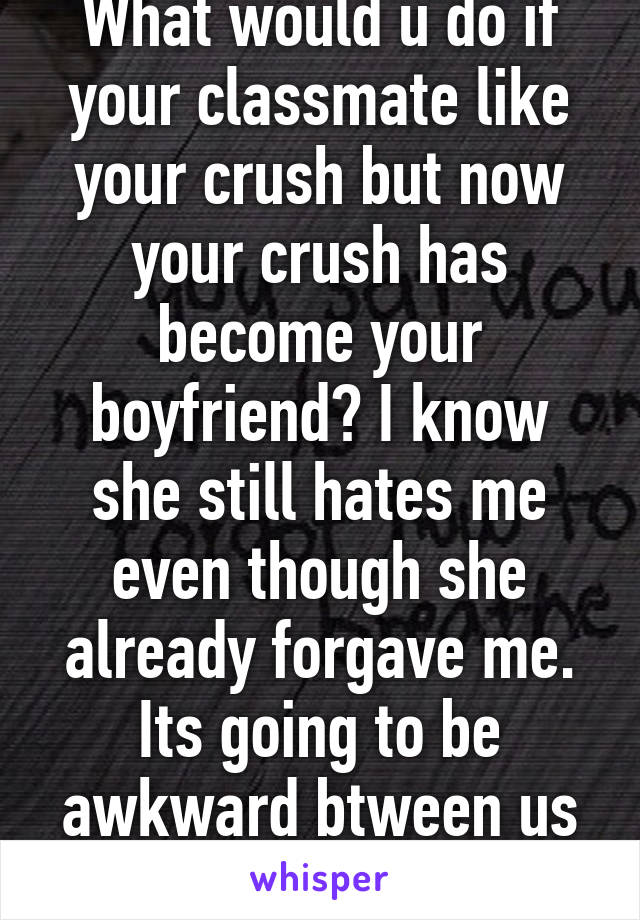 What would u do if your classmate like your crush but now your crush has become your boyfriend? I know she still hates me even though she already forgave me. Its going to be awkward btween us in next sem.