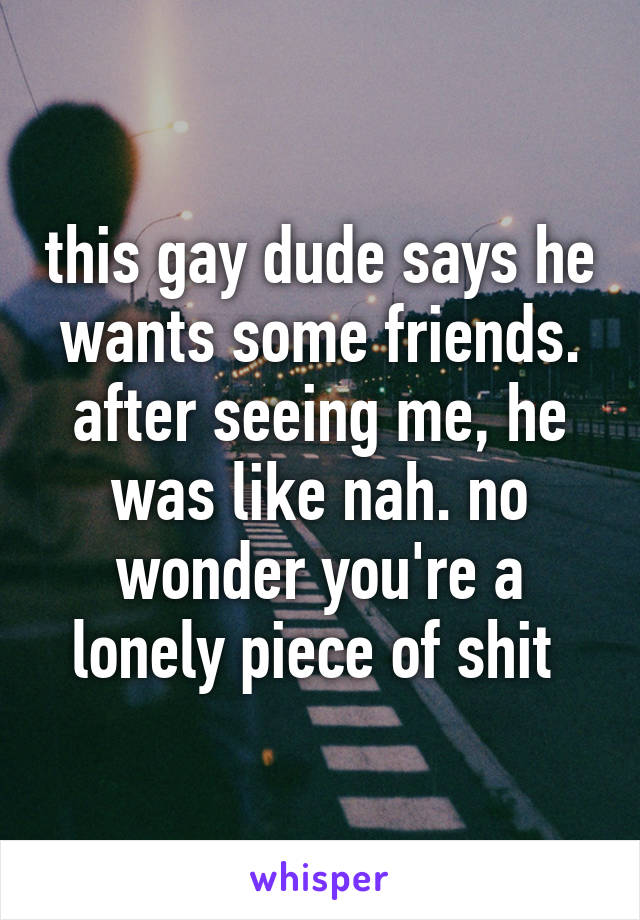 this gay dude says he wants some friends. after seeing me, he was like nah. no wonder you're a lonely piece of shit 