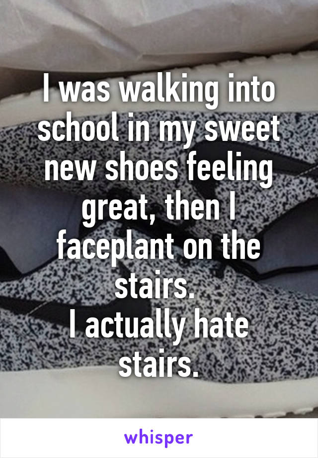 I was walking into school in my sweet new shoes feeling great, then I faceplant on the stairs. 
I actually hate stairs.