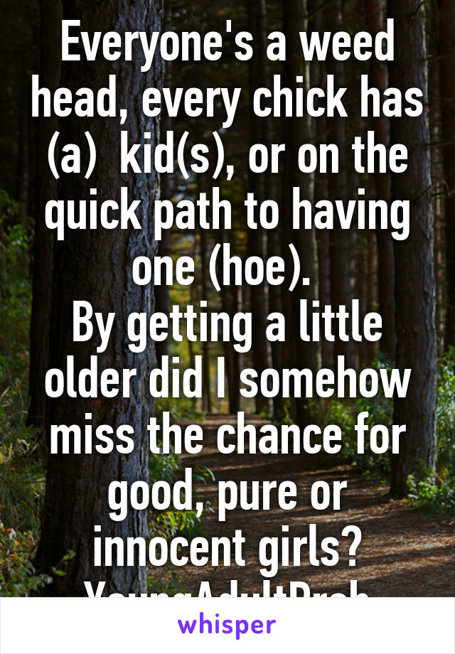 Everyone's a weed head, every chick has (a)  kid(s), or on the quick path to having one (hoe). 
By getting a little older did I somehow miss the chance for good, pure or innocent girls? YoungAdultProb