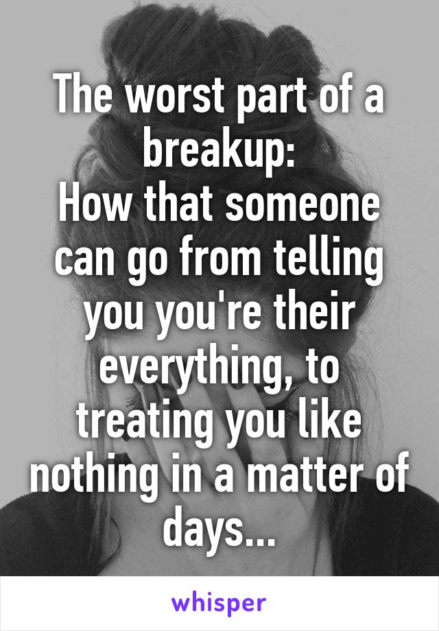 The worst part of a breakup:
How that someone can go from telling you you're their everything, to treating you like nothing in a matter of days...