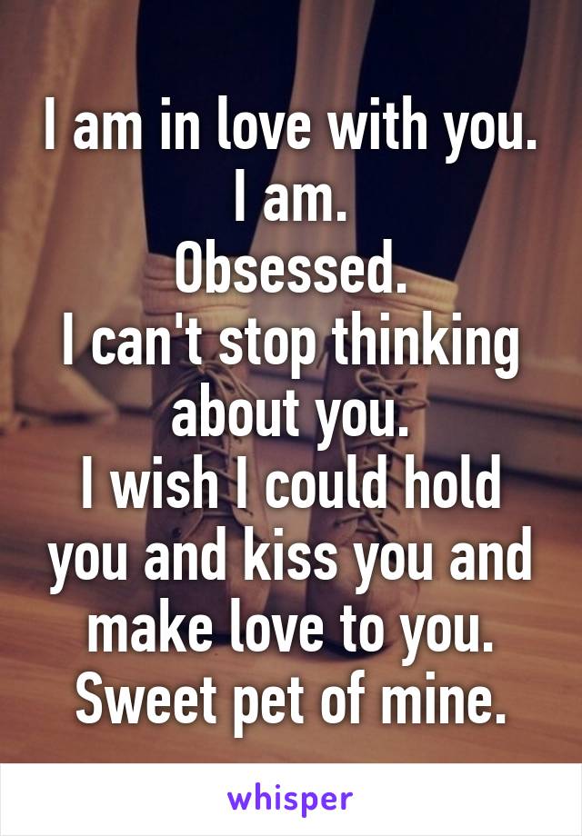 I am in love with you.
I am.
Obsessed.
I can't stop thinking about you.
I wish I could hold you and kiss you and make love to you.
Sweet pet of mine.