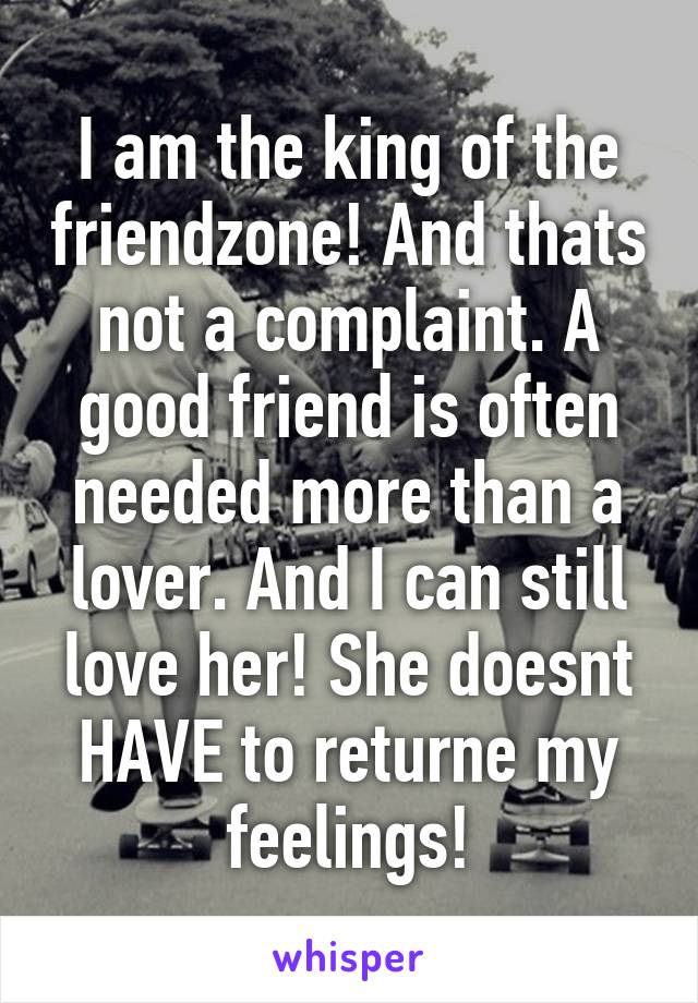 I am the king of the friendzone! And thats not a complaint. A good friend is often needed more than a lover. And I can still love her! She doesnt HAVE to returne my feelings!