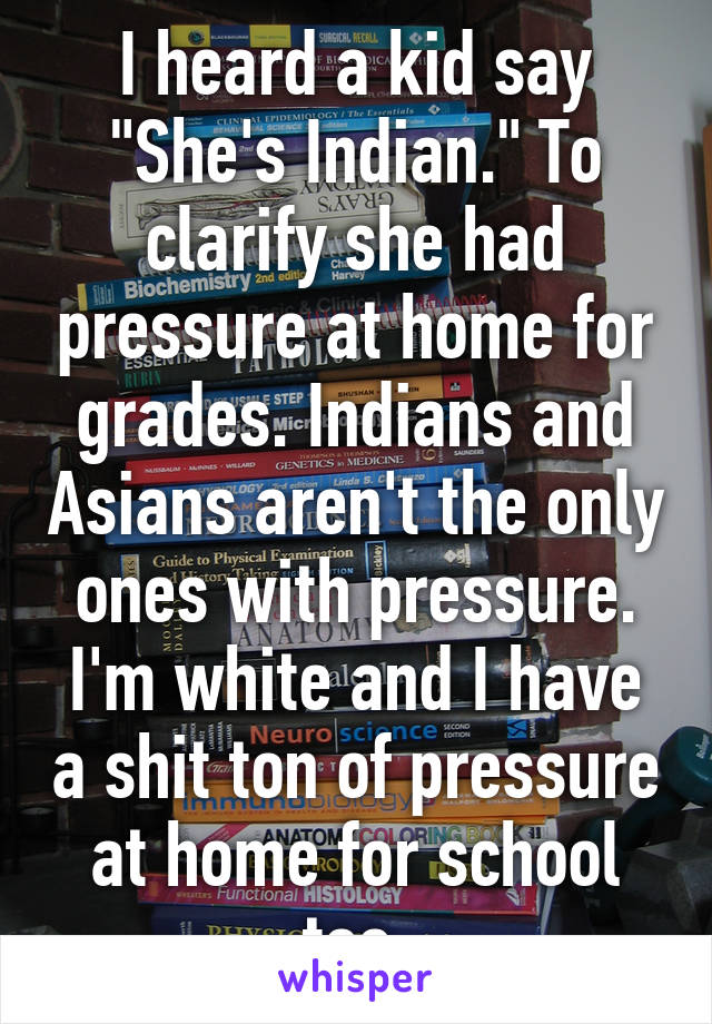 I heard a kid say "She's Indian." To clarify she had pressure at home for grades. Indians and Asians aren't the only ones with pressure. I'm white and I have a shit ton of pressure at home for school too.