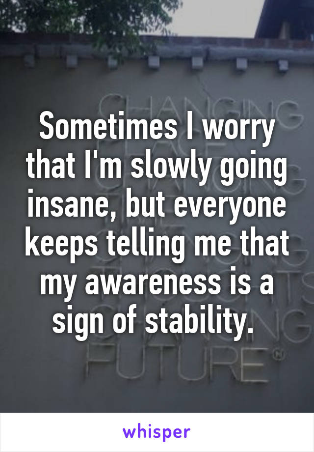 Sometimes I worry that I'm slowly going insane, but everyone keeps telling me that my awareness is a sign of stability. 