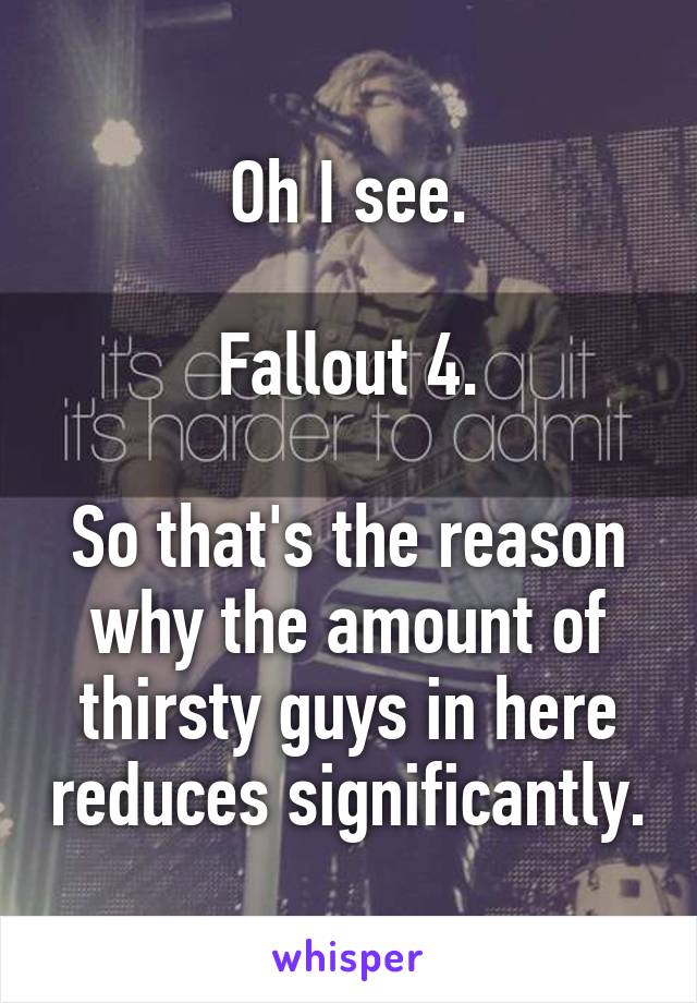 Oh I see.

Fallout 4.

So that's the reason why the amount of thirsty guys in here reduces significantly.