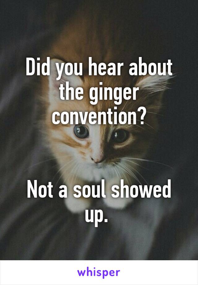 Did you hear about the ginger convention?


Not a soul showed up. 