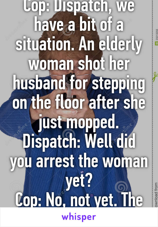 Cop: Dispatch, we have a bit of a situation. An elderly woman shot her husband for stepping on the floor after she just mopped.
Dispatch: Well did you arrest the woman yet?
Cop: No, not yet. The floor is still wet.