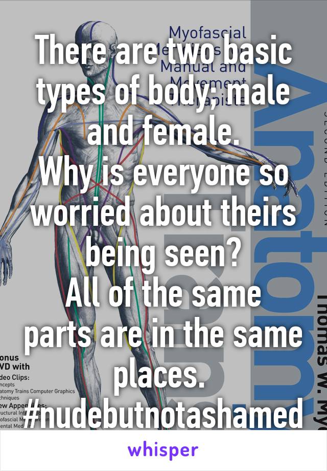 There are two basic types of body; male and female.
Why is everyone so worried about theirs being seen?
All of the same parts are in the same places. 
#nudebutnotashamed