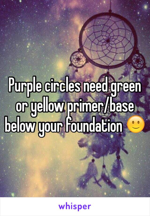 Purple circles need green or yellow primer/base below your foundation 🙂