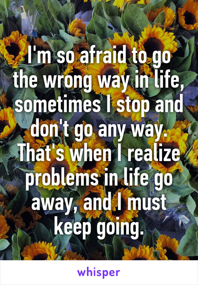 I'm so afraid to go the wrong way in life, sometimes I stop and don't go any way. That's when I realize problems in life go away, and I must keep going.