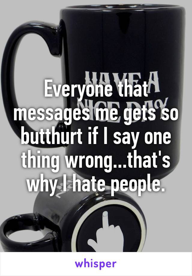 Everyone that messages me gets so butthurt if I say one thing wrong...that's why I hate people.