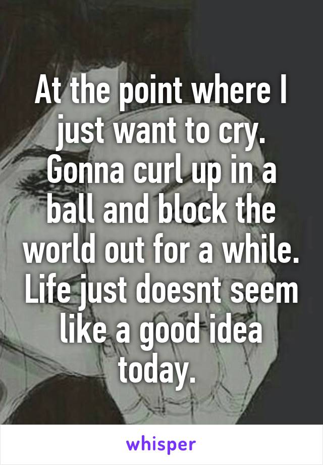 At the point where I just want to cry. Gonna curl up in a ball and block the world out for a while. Life just doesnt seem like a good idea today. 