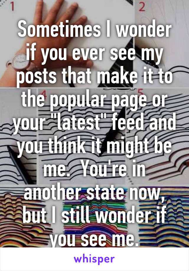 Sometimes I wonder if you ever see my posts that make it to the popular page or your "latest" feed and you think it might be me.  You're in another state now, but I still wonder if you see me.