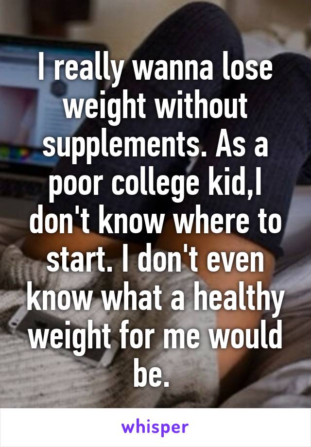 I really wanna lose weight without supplements. As a poor college kid,I don't know where to start. I don't even know what a healthy weight for me would be. 