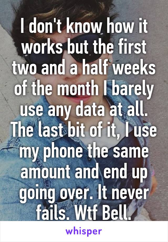 I don't know how it works but the first two and a half weeks of the month I barely use any data at all. The last bit of it, I use my phone the same amount and end up going over. It never fails. Wtf Bell.