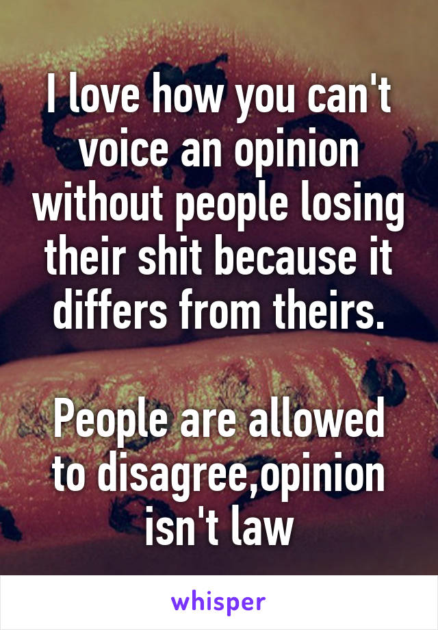 I love how you can't voice an opinion without people losing their shit because it differs from theirs.

People are allowed to disagree,opinion isn't law