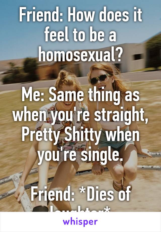 Friend: How does it feel to be a homosexual?

Me: Same thing as when you're straight, Pretty Shitty when you're single.

Friend: *Dies of laughter*