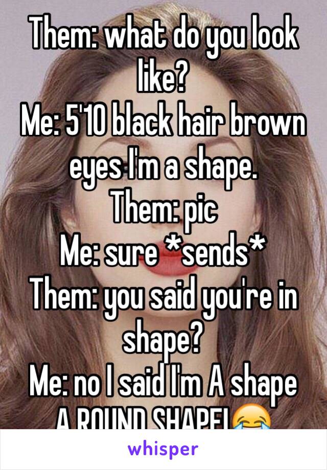 Them: what do you look like?
Me: 5'10 black hair brown eyes I'm a shape.
Them: pic
Me: sure *sends*
Them: you said you're in shape?
Me: no I said I'm A shape
A ROUND SHAPE!😂