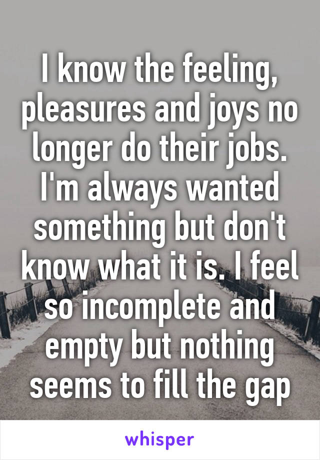 I know the feeling, pleasures and joys no longer do their jobs. I'm always wanted something but don't know what it is. I feel so incomplete and empty but nothing seems to fill the gap