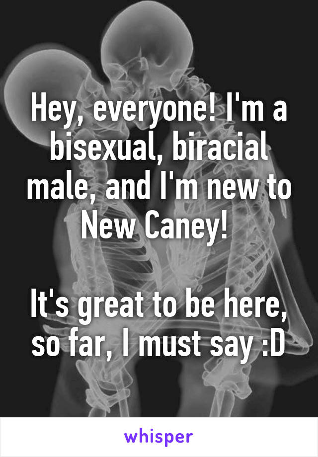 Hey, everyone! I'm a bisexual, biracial male, and I'm new to New Caney! 

It's great to be here, so far, I must say :D