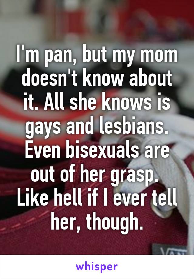 I'm pan, but my mom doesn't know about it. All she knows is gays and lesbians. Even bisexuals are out of her grasp.  Like hell if I ever tell her, though.