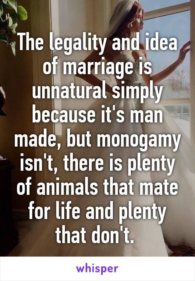 The legality and idea of marriage is unnatural simply because it's man made, but monogamy isn't, there is plenty of animals that mate for life and plenty that don't. 