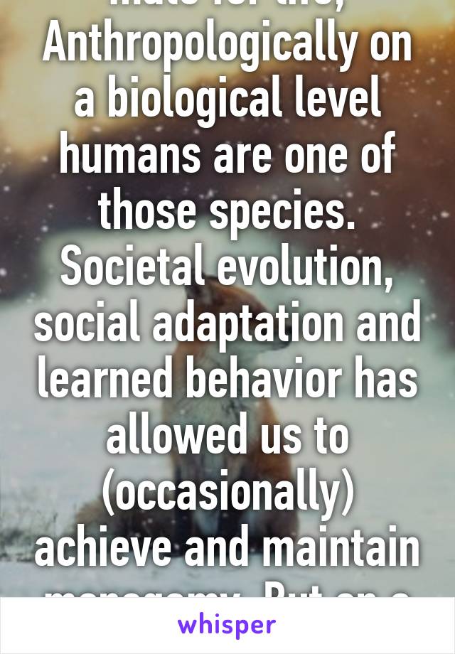 Many species do not mate for life, Anthropologically on a biological level humans are one of those species. Societal evolution, social adaptation and learned behavior has allowed us to (occasionally) achieve and maintain monogamy. But on a basic animal level esp 