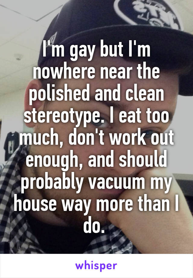 I'm gay but I'm nowhere near the polished and clean stereotype. I eat too much, don't work out enough, and should probably vacuum my house way more than I do. 